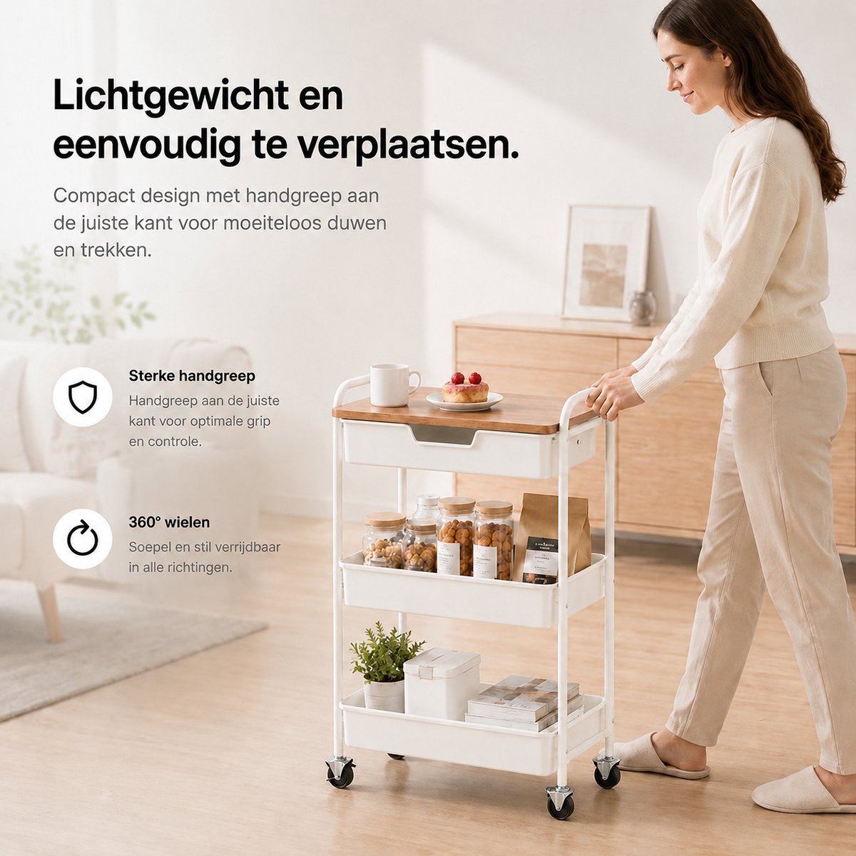 BOTC Keukentrolley op wieltjes - Metalen serveerwagen - keukentrolley - 3 lagen - Gebroken wit thumbnail 2
