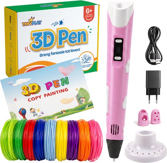 Een roze 3D-pen met accessoires: oplader, kabel, vingerbeschermers, penhouder, 40m PLA filament in diverse kleuren en een tekenboek.