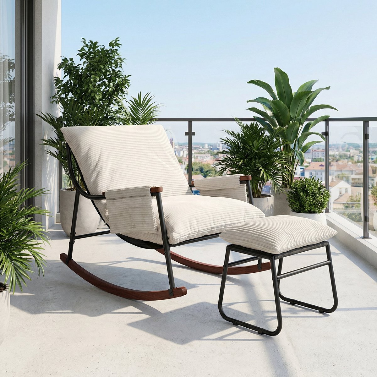 HomeMiYN Velvet Gestreepte Stof Schommelstoel – Beige – 180 kg Capaciteit – Comfortabel en Stijlvol Ontwerp – Ideaal voor Woonkamer, Patio & Slaapkamer – Ergonomische Schommelstoel