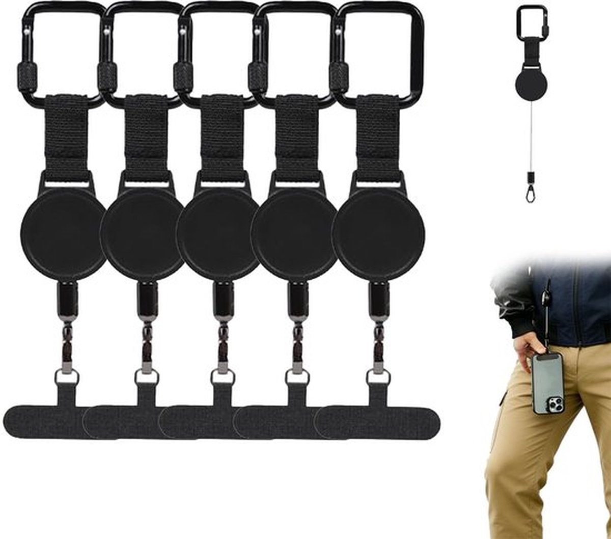 5 Stuks Uitklikbare Anti-Diefstal Telefoonhouder Set - Verlengbare Sleutelhanglanyard met Karabijnhaak - Stevige Telefoonband voor Reizen en Hiken (Zwart) - Complete Telefoonaccessoires voor Veiligheid en Gemak