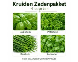 Kruidenzaden Mini Pakket – 4 Keukenkruiden – Basilicum, Peterselie, Bieslook en Koriander – Voor Pot, Balkon en Vensterbank