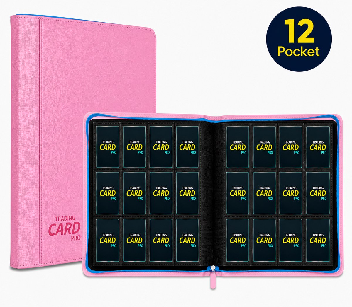 TradingCardPro® Deluxe 12-Pocket Verzamelmap – Met Ritssluiting – Geschikt voor Pokemon – 480 Kaarten – 12 Pocket - Binder - Roze met blauwe details