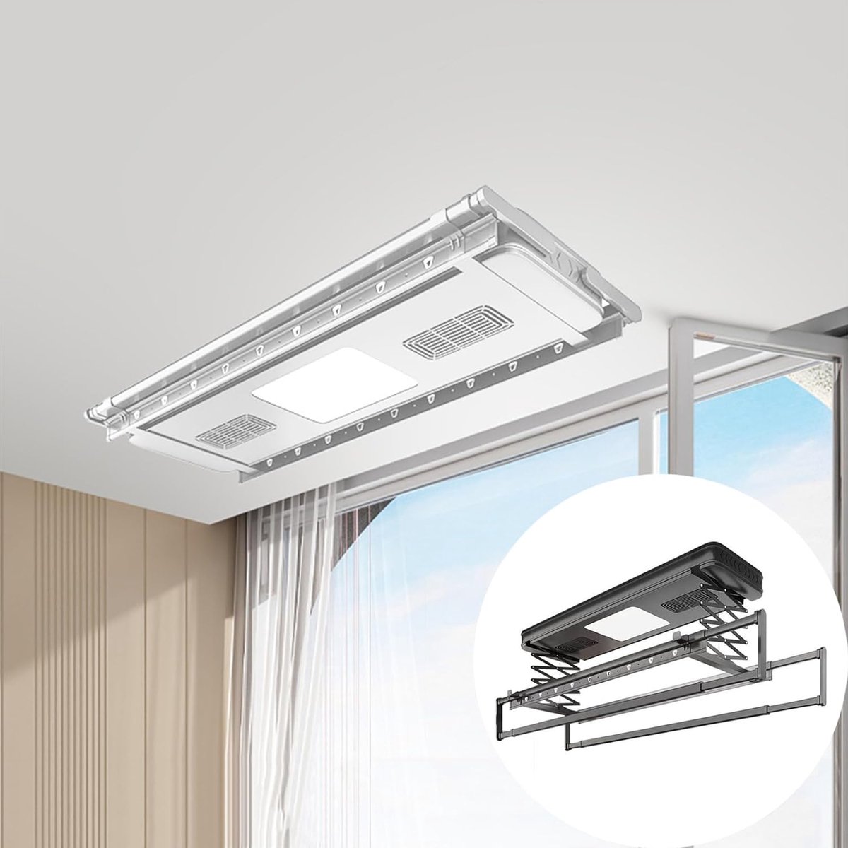 Elektrisch Droogrek Automatische Kledinglift Ruimtebesparend Ophangen Afstandsbediening Bediening 119cm Lengte Wit