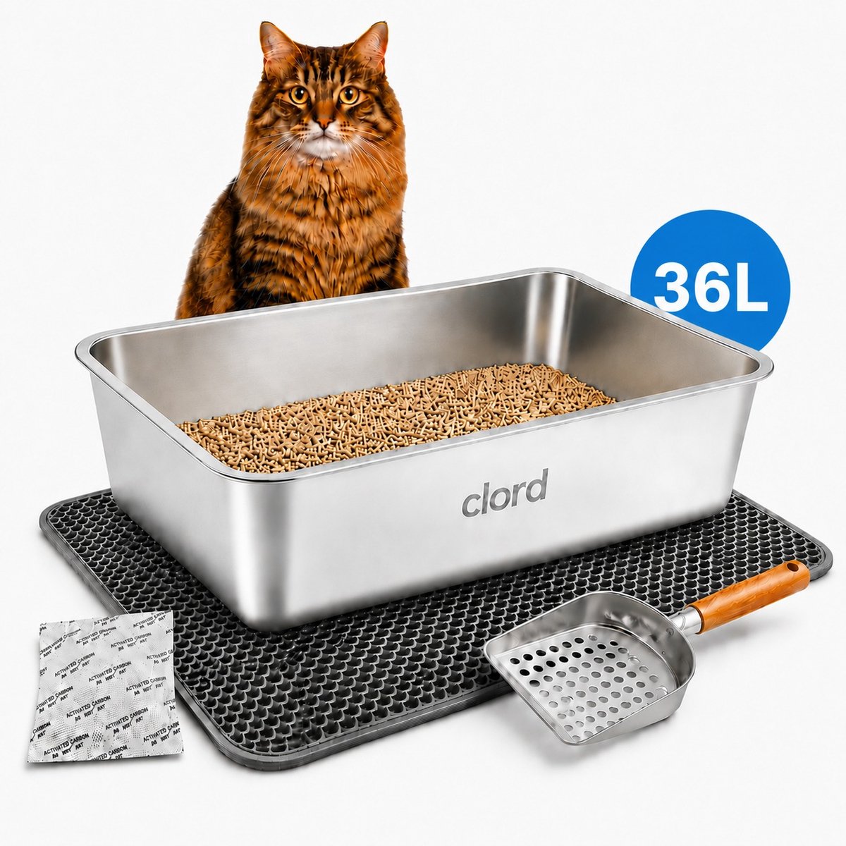RVS kattenbak XXL – Voor grote katten & Maine Coon – Inclusief mat & schep – 60×40×15 cm
