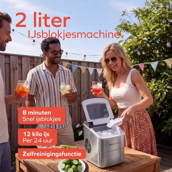 KitchenBrothers Ijsblokjesmachine - 2L - 12kg/24 uur - BPA-vrij - IJsschep - IJsblokjesmaker - Zelfreinigingsfunctie - Zilver