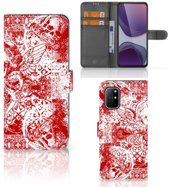 Coque Téléphone OnePlus 8T Housse en Cuir Premium Flip Case Portefeuille Etui pour Ange Crâne Rouge