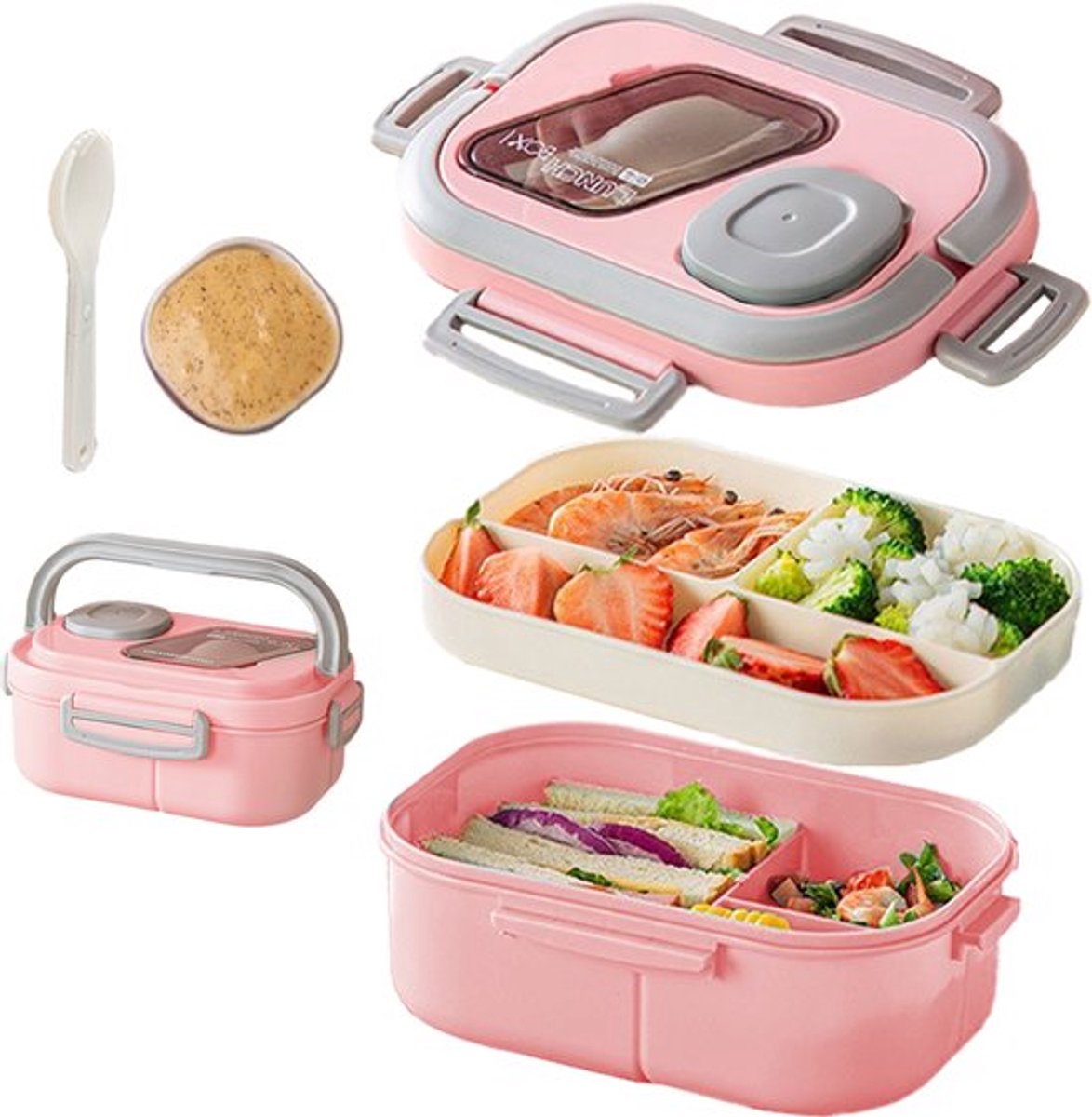 Lunchbox met sausbox ‌en bestek‌, Lekvrij Bento Box 1200ml voor Diepvries, Vaatwasser & Magnetronbestendig, met Silicone Afdichtring, Dubbele Laag met 6 Vakken Voor volwassenen en kinderen‌, ‌roze-21*14.5*8.6cm