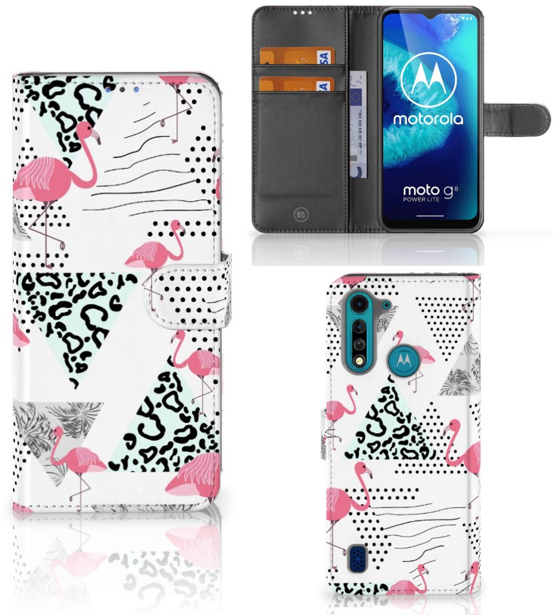 Motorola G8 Power Lite Telefoonhoesje met Pasjes Flamingo Triangle