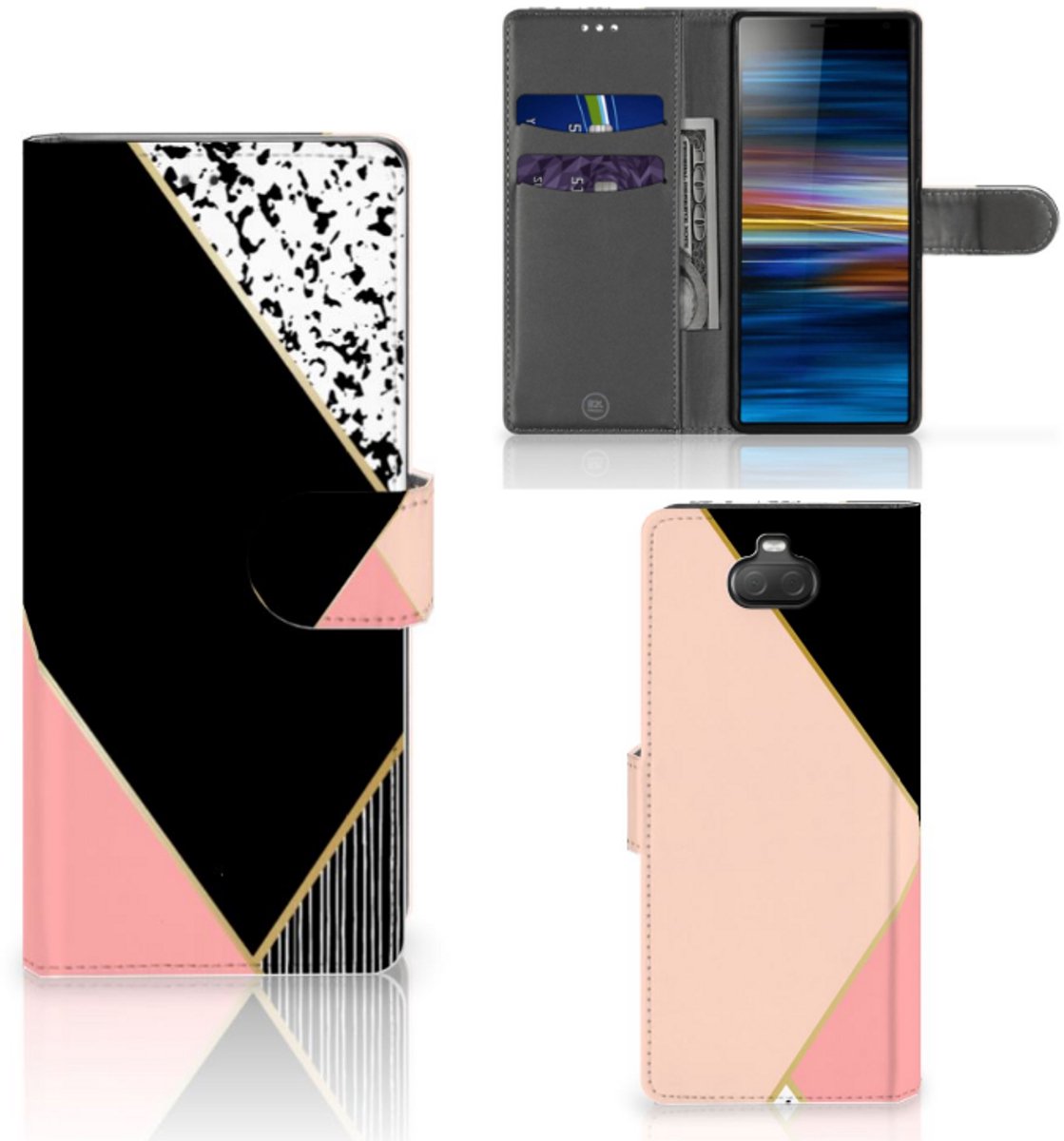 Sony Xperia 10 Book Case Zwart Roze Vormen
