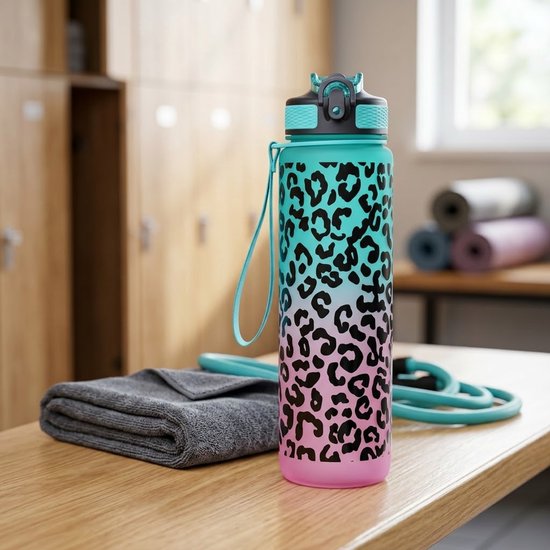 Gradiënt groen paars bidon drinkfles met panter print - bidon met draag lus en drink tuit - herbruikbare waterfles dames en heren - kunststof drinkfles met flip dop en luipaard patroon design — afbeelding 3