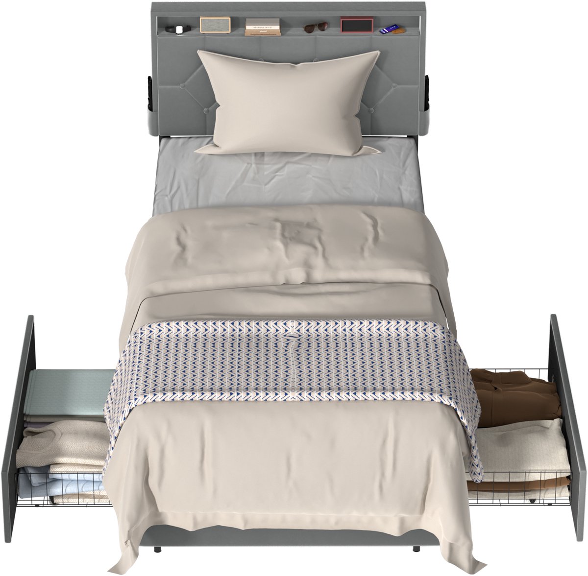 Froadp Platformbed van stof 90 x 200 cm, gestoffeerd hoofdeinde, bedframe voor eenpersoonsbed, bedframe in lichtgrijs, modern design voor de slaapkamer