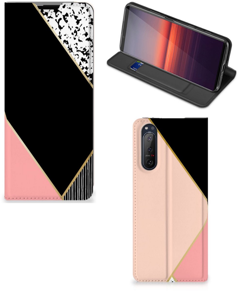Sony Xperia 5 II Stand Case Zwart Roze Vormen