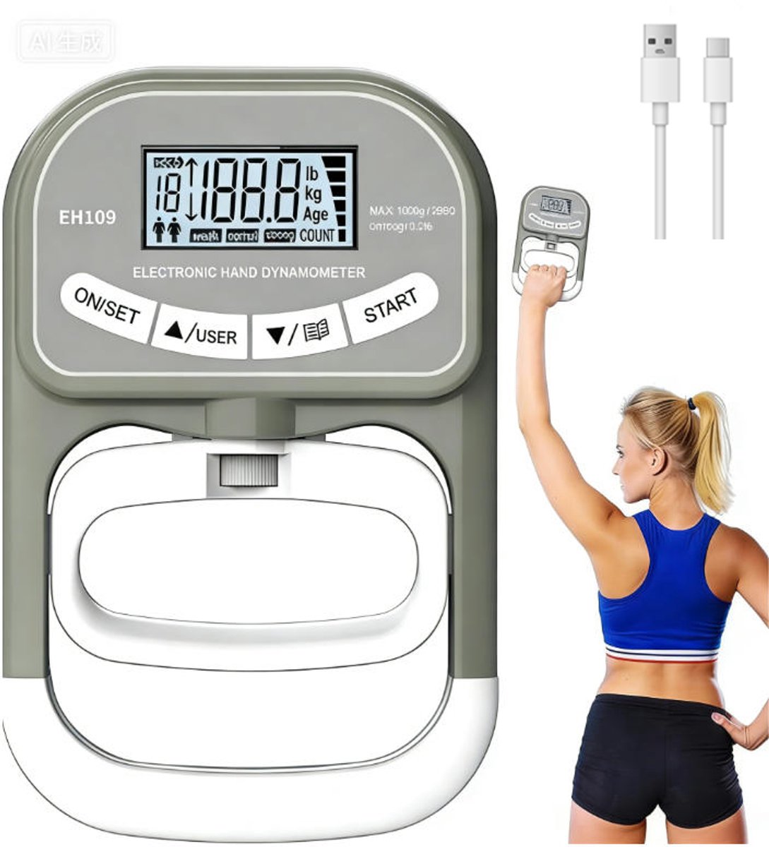 Handtrainer - 396 lbs / 180 kg handtrainer / handknijper - Met display - Oplaadbare elektronische handdynamometer - Dynamometer en handtrainers voor krachtopbouw - Grijs