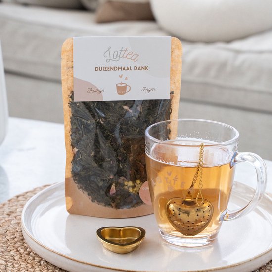 Lottea Giftset met zeefje 'Duizendmaal Dank' - bedankt voor alles, bedankt artikelen, bedankt cadeautje voor vrouw, bedankt cadeautje voor collega's, thee cadeau, thee gift, bedankt juf, bedankt meester, einde schooljaar cadeautje