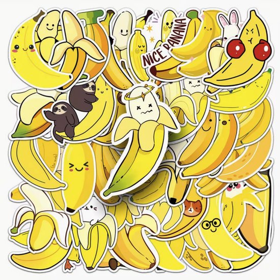 Sticker vel met 50 geanimeerde bananenstickers. Verschillende gezichtsuitdrukkingen en attributen zoals een halo, zonnebril en dieren.