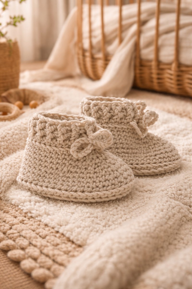Haaksels&Kralen - Babyslofjes gehaakt met veterstrik - 8 â 9 cm - Babybooties - 100% merinowol - kleur beige - newborn 0 tot 3 maanden - kraamkado - zwangerschap - baby geschenkset - babyshower - zwanger