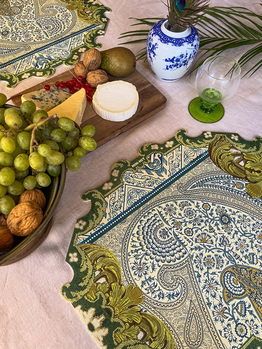 NIN-NIT - Placemat Royal Bird - Paleis Het Loo - set van 4 placemats - Tafelgerei - Tafelaankleding - Onderzetter - Vogelprint - Bloemenprint - Natuurprint - Blauw - Wit - Groen - Beige - Multicolor