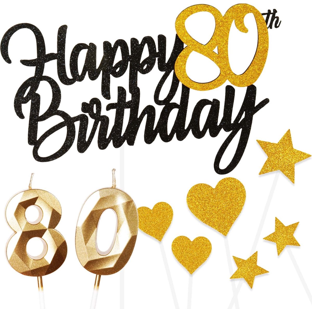 Allecto - - Happy 80th Birthday Cake Topper - Verjaardag Decoratie - Set van 9 - Zwart Goud - Taart Toppers - Geschikt voor Mannen en Vrouwen