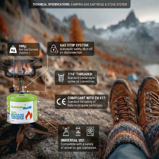 GreenBlue - Gasflessen 12 stuks - Gaspatroon van 500 g. Certificaat: Pi 0437, conform EN 417, butaan-propaan, temperatuurbereik -10 °C tot +40 °C, schroefdraadventiel 7/16'' GB499 van Merkloos — afbeelding 4