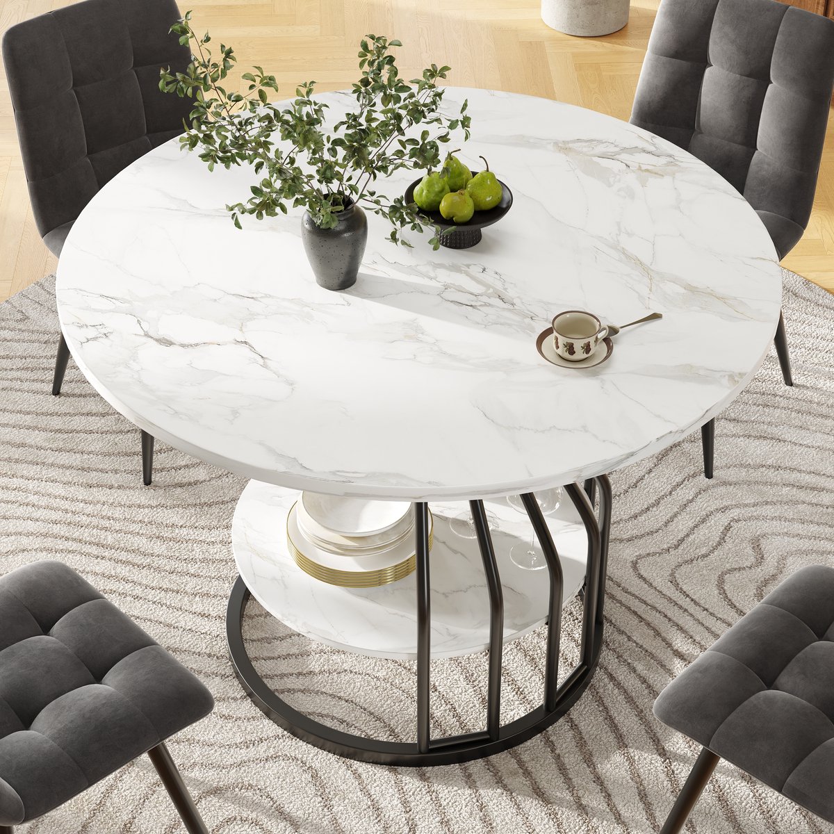Ronde eettafel 80 cm - compacte keukentafel voor 2 tot 4 personen - marmerlook blad - opbergplank - zwart onderstel