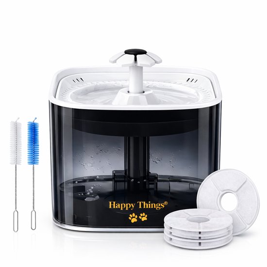 Happy Things - Drinkfontein Hond en Kat - Geruisloos - 2.5 L - Transparant Zwart met Goud - incl 4 Filters