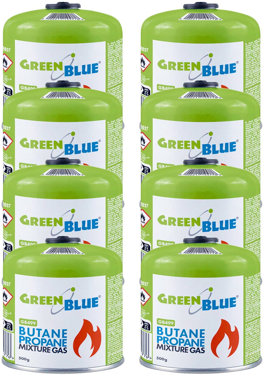 GreenBlue - Gasflessen 8 stuks - Gaspatroon van 500 g. Certificaat: Pi 0437, conform EN 417, butaan-propaan, temperatuurbereik -10 °C tot +40 °C, schroefdraadventiel 7/16'' GB499