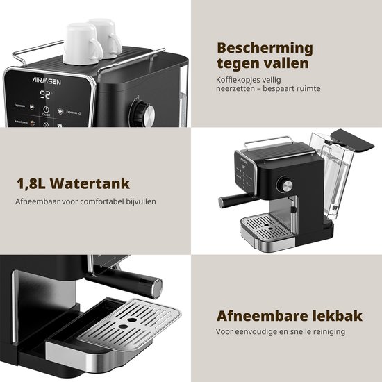 Zwarte AIRMSEN espressomachine met touchscreen en twee witte kopjes bovenop. 1,8L watertank en afneembare lekbak.
