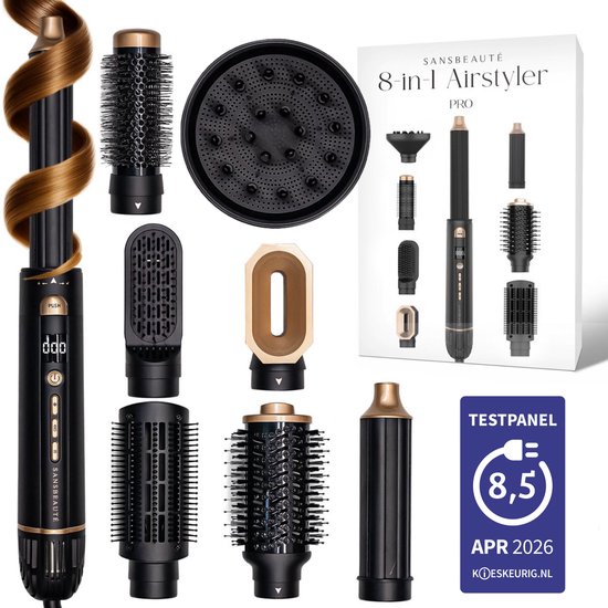 Sansbeauté® 8-in-1 Airstyler met Diffuser - Multistyler - Föhnborstel Kort Haar - Haarkruller - Haarstyler - Haardroger - Warmteborstel - Krulborstel - Krultang - Haarstijler - Hairwrap - Stijlborstel - 5 in 1 Hairstyler
