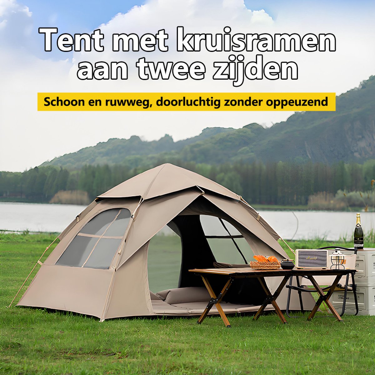 Automatische Pop-up Tent - Vierhoekige Kampeertent voor 1-2 Personen - Vaste Zonnekap - Inclusief Draagtas - Ideaal voor Gezinscamping en Festivals - Met Zwarte UV-Block Coating - Snelle 3-Seconden Opzet - Kaki – foto 4