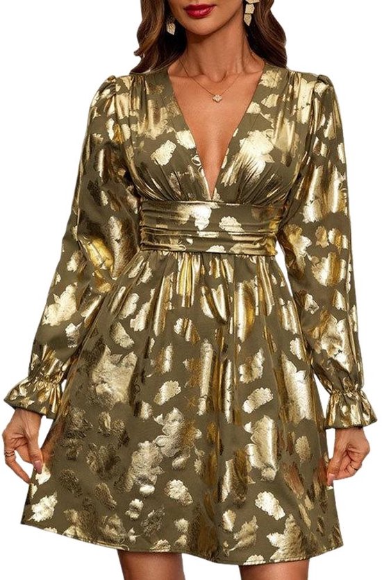 Zeagoo jurk dames elegante glitterjurk V-hals partyjurk lange mouwen mini-jurk feestelijke paillettenjurk cocktailjurk met ruches S-XXL, blauwpaars