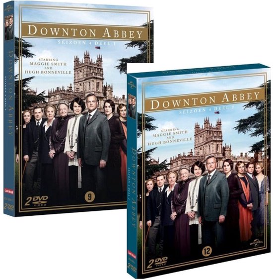 Twee DVD-hoezen van Downton Abbey Seizoen 4, elk met de cast voor een kasteel.