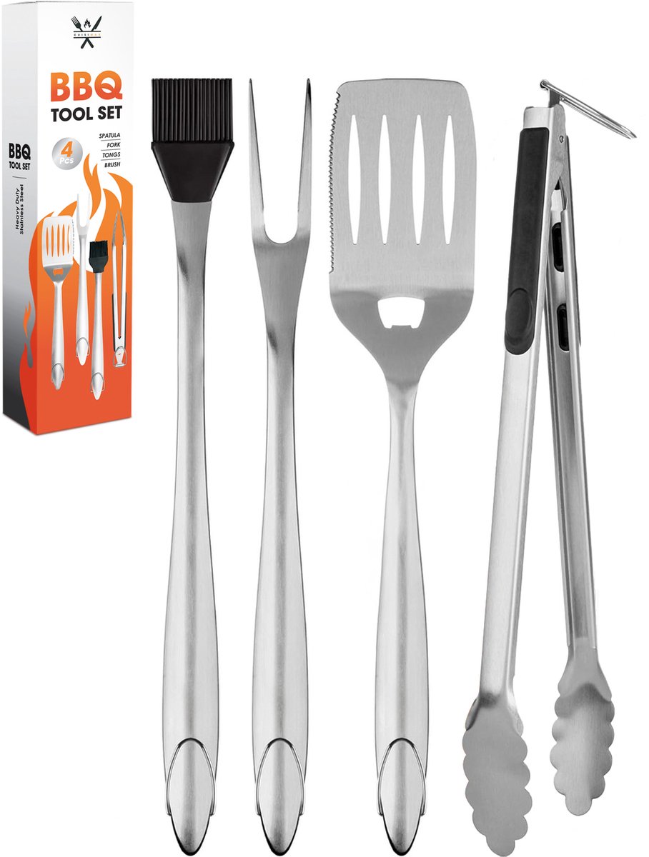 Cuisimax Premium BBQ Accesoires set - 4 Delig - RVS - BBQ Tang / Borstel / Spatel / Vork - BBQ gereedschap - Barbecue Accessoires