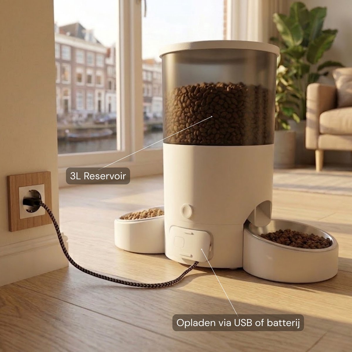AnimalAesthetics Automatische Voerbak voor Kat & Hond Wit – App-bediening, Twee Bakken van Roestvrijstaal, Voerautomaat Kat 3L thumbnail 5