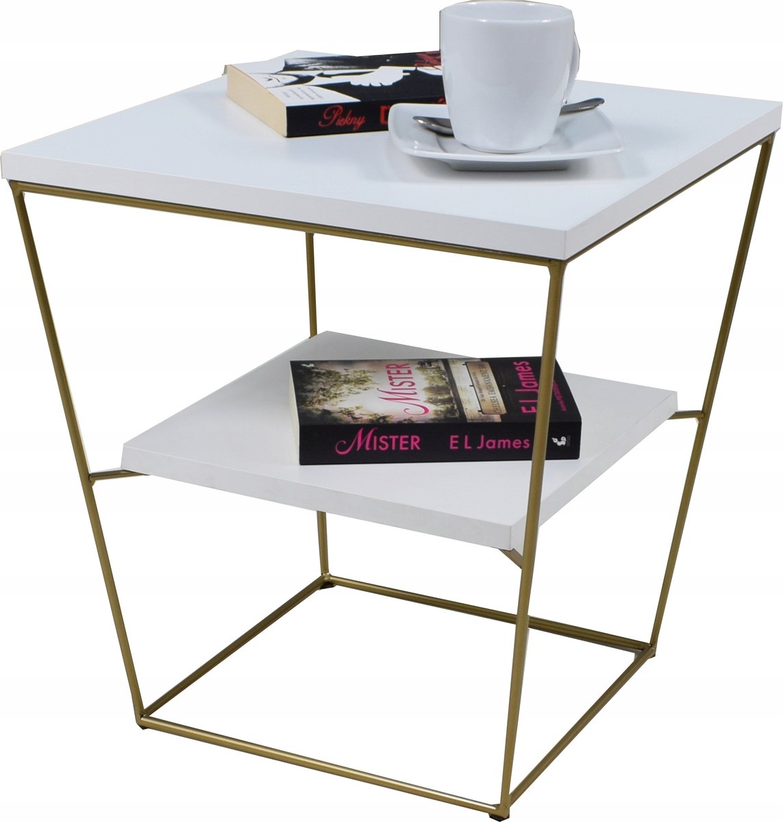 FutuStal V Serie - Druciany Salontafel - Zwart - Gouden Basis - Bovenblad in Mat Wit