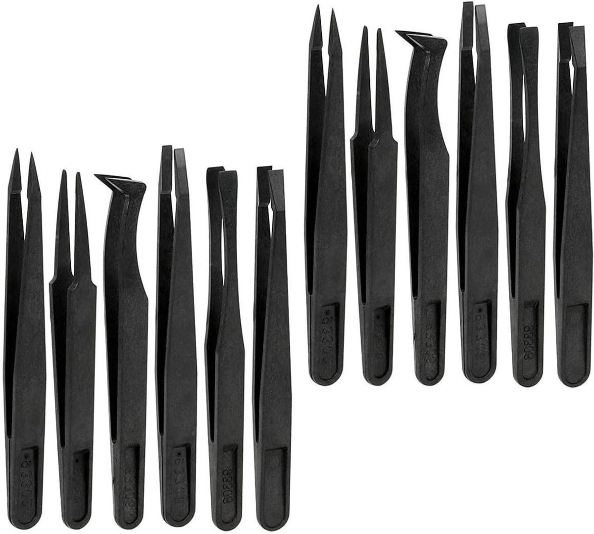 Plastic Pincetten Set - Elektronica Pincet - Precisie Werk - Antistatisch Antimagnetisch - 12 stuks - Zwart