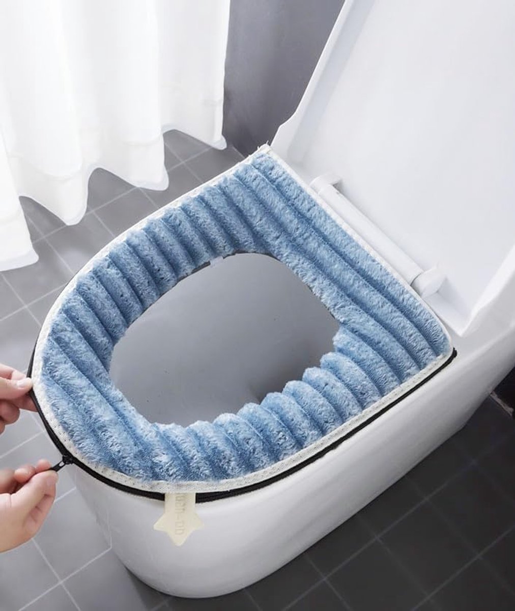 Toiletbrilhoes - 1 stuk - Extra dikke en zachte toiletbrilhoes - Wasbaar - Warme hoes - Met ritssluiting en handvat, past op de meeste toiletbrillen (blauw)