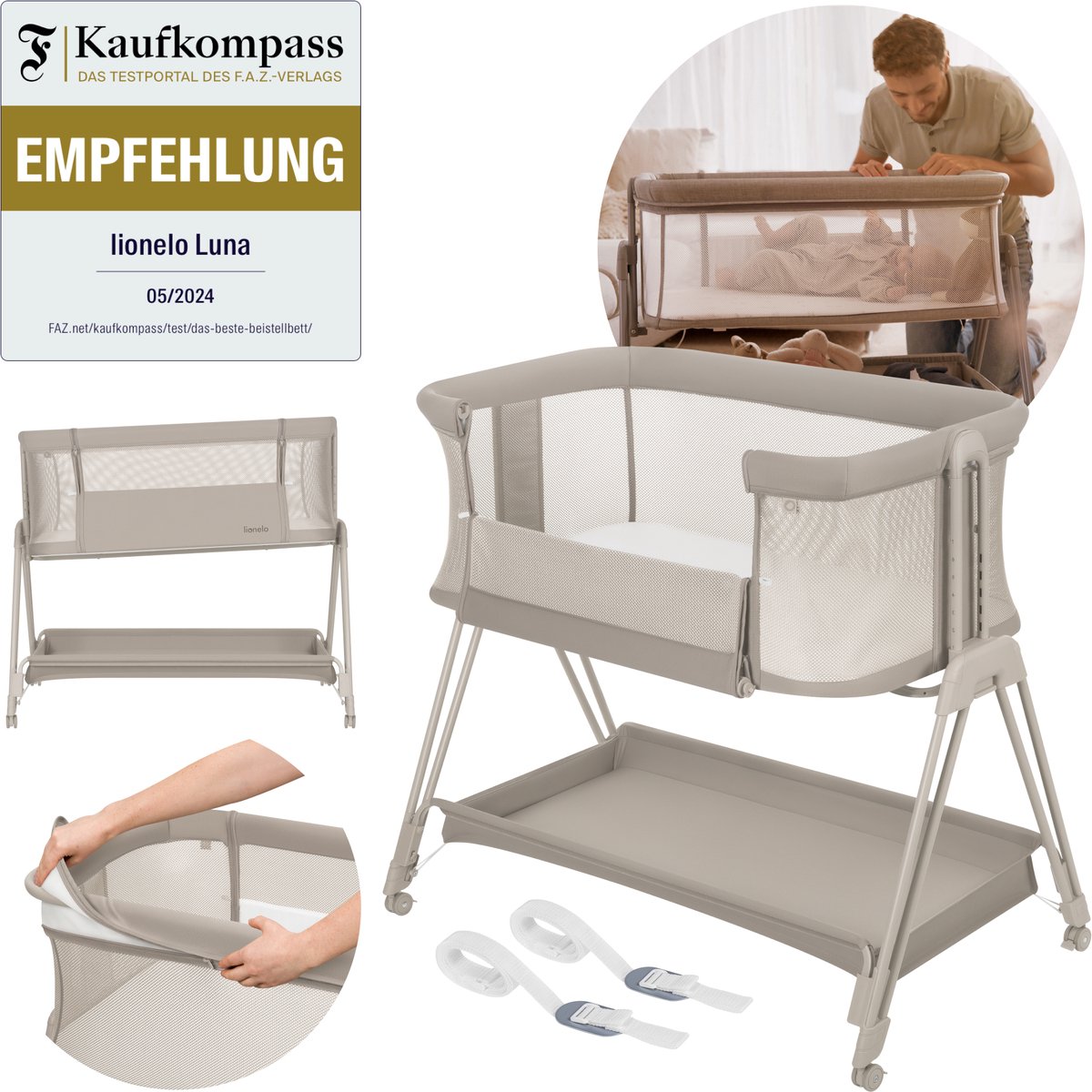 Bol.com Lionelo Luna – 2-in-1 Babybedje & Co-Sleeper – Geboorte tot 9 kg – 7 Hoogtestanden – Kantelbaar Matras – Mesh Zijkanten ... aanbieding