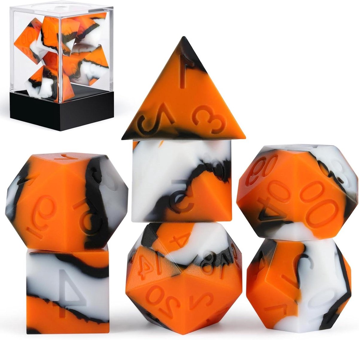 Dobbelstenen Set - RPG Dobbelstenen - Rollenspellen Spelen - Unieke Siliconen Materiaal - 7 Stuks - Oranje Zwart Wit