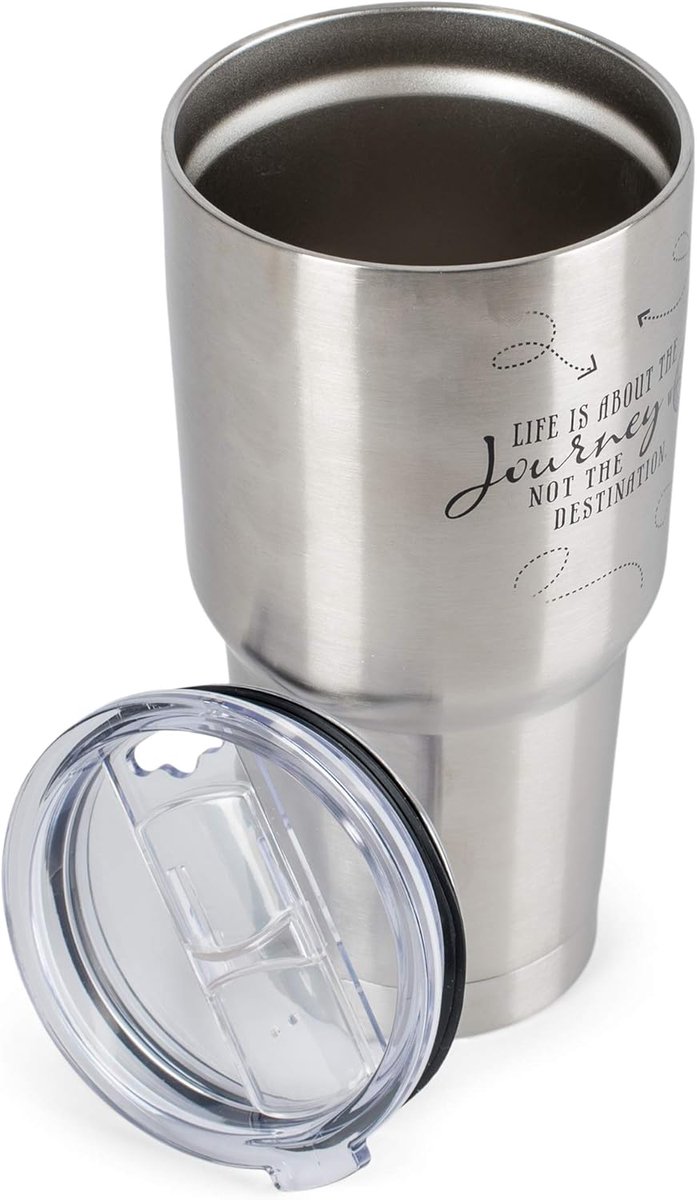 Reis Koffiemok - Drinkbeker RVS - Onderweg Dranken Meenemen - Inspirerende Tekst Kompas - 30 Ounces - Zilver — afbeelding 3
