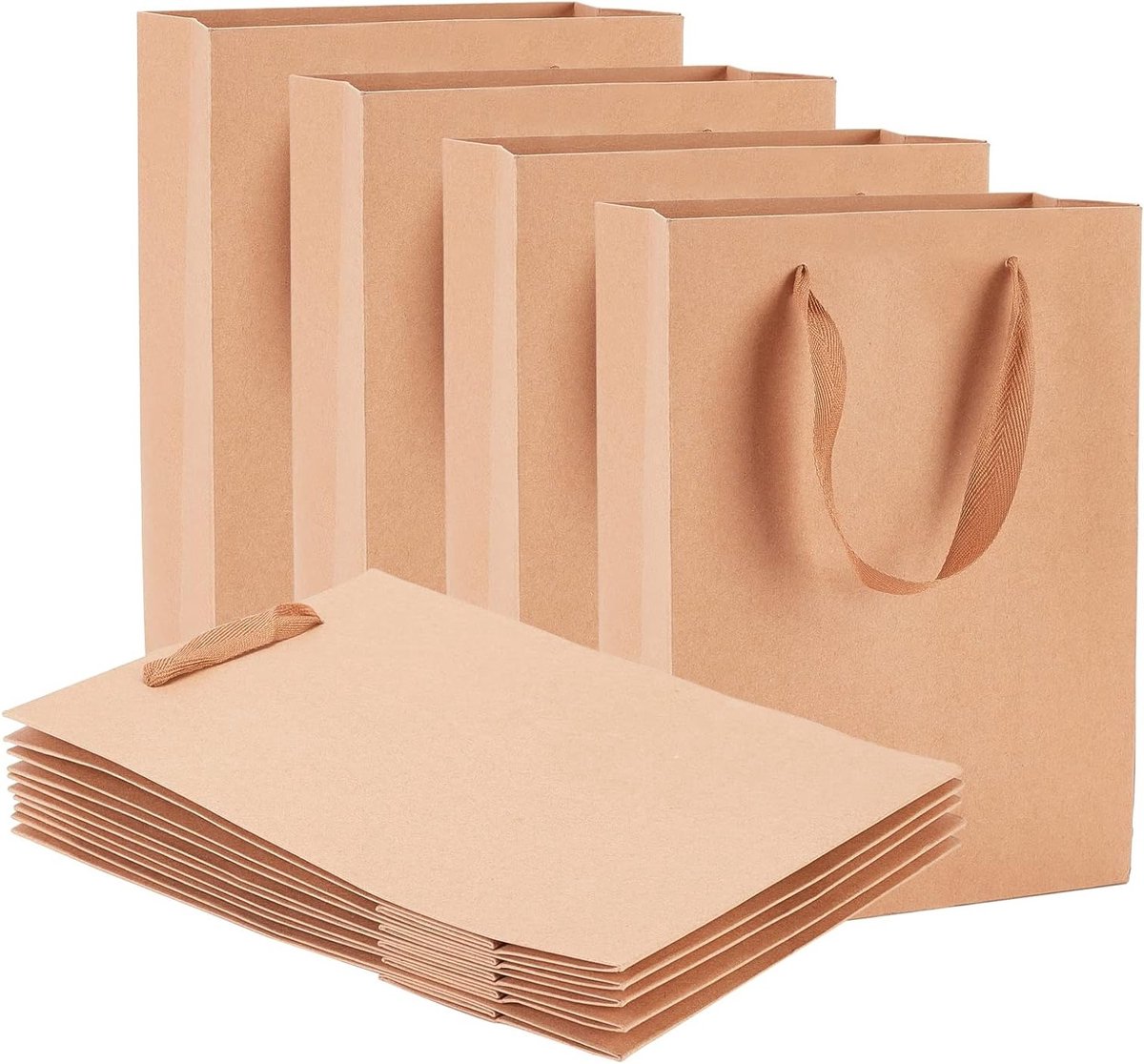 Pack van 10 Kraft Papieren Tassen 28 x 20 x 10 cm, Bruin met Zachte Grip voor Feestjes en Cadeaus