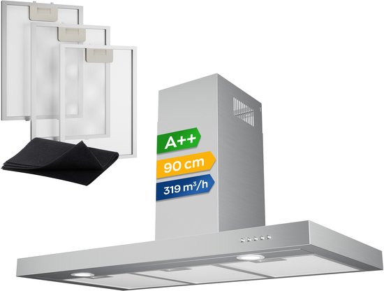 Zilverkleurige RVS afzuigkap met filters en koolstoffilters, met energielabel A++.
