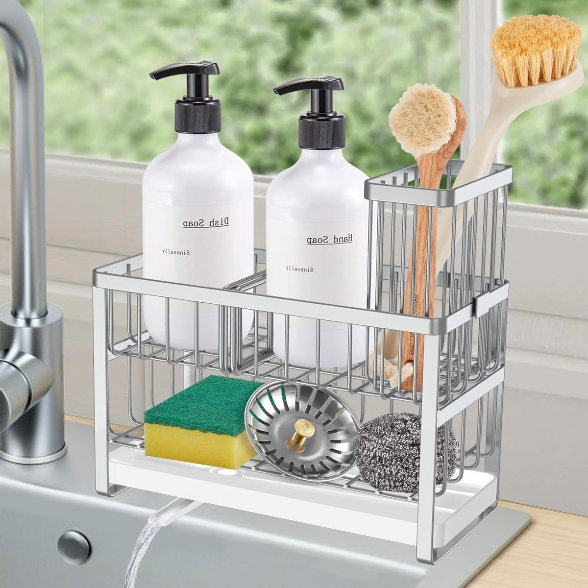 Keuken Organizer voor de Gootsteen - 2-Laags Opbergtray met Zeepdispenser en Sponshouder voor Afwasaccessoires in Zilver