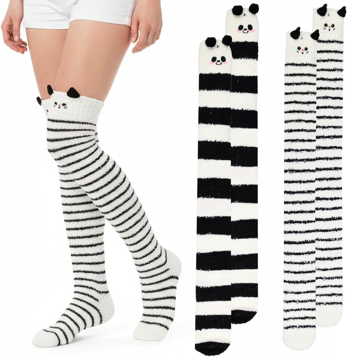 Kniekousen Panda Fluffy - Warme Sokken Dames - Comfortabel Warm Blijven - Zacht Coral Fleece Materiaal - One Size