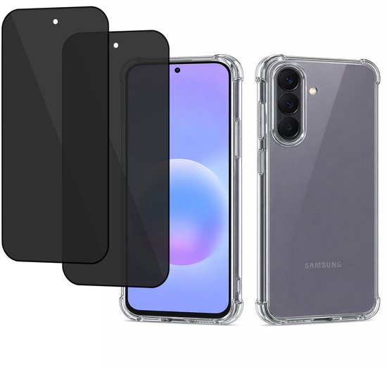 Téléphone avec étui transparent et deux protecteurs d'écran de confidentialité. Téléphone Samsung visible.