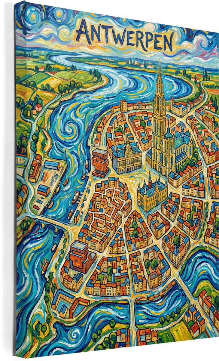 Stadsposter Antwerpen wanddecoratie op canvas afmeting 75x100cm - stadskaart - plattegrond - schilderij stad - steden posters