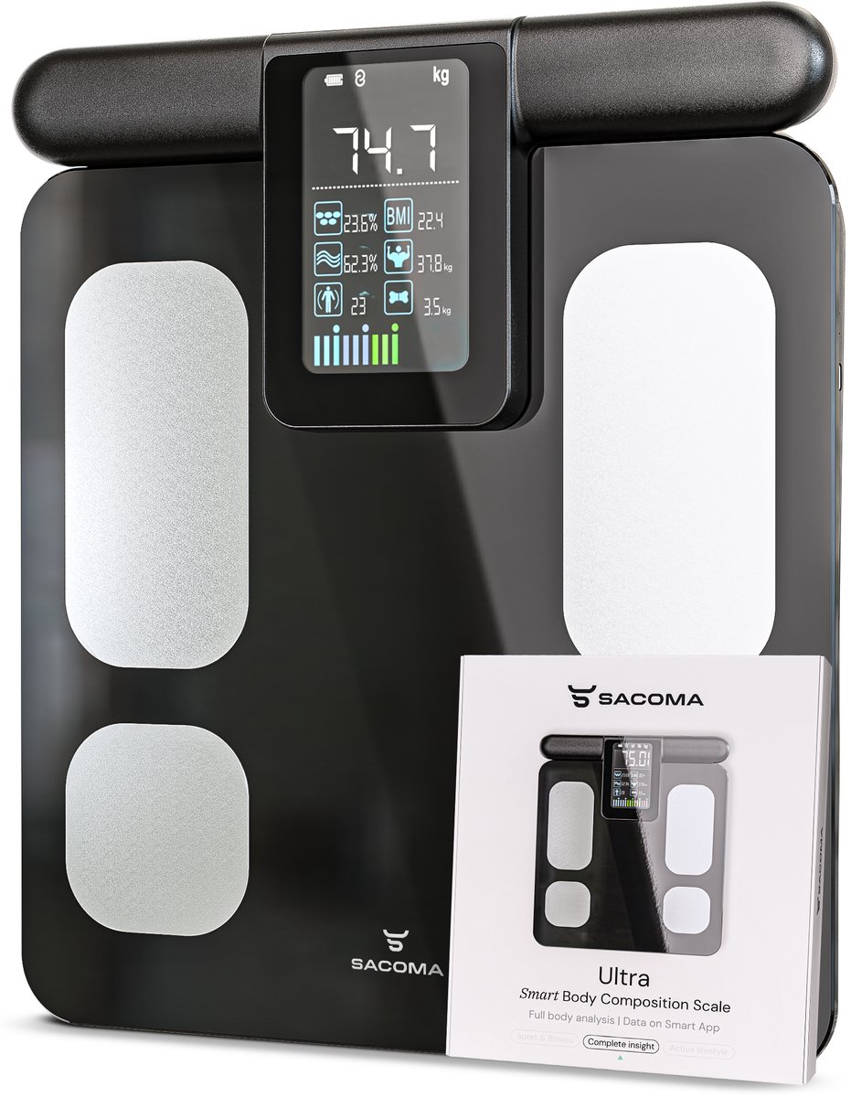 Bol.com Sacoma Ultra Weegschaal Personenweegschaal Digitaal - USB Oplaadbaar - Slimme Weegschalen met 28x Lichaamsanalyse - Incl... aanbieding
