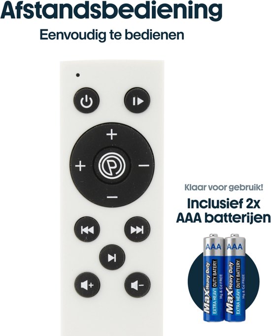 Witte afstandsbediening met zwarte knoppen, inclusief 2 AAA batterijen.