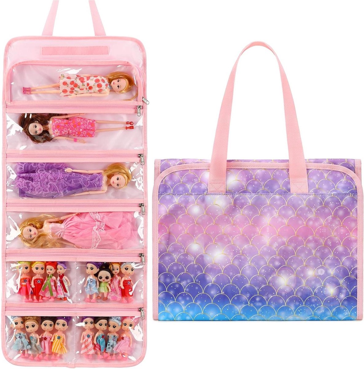 Poppen Opbergtas - Speelgoed Organizer - Poppen Opbergen - 8 Doorzichtige Vakken - 34.6 x 15 inch - Zeemeermin