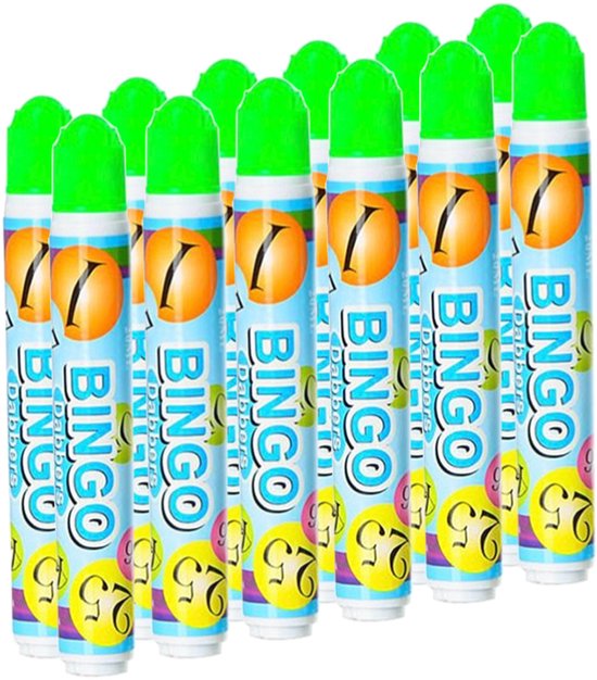 Twaalf groene bingostiften met een oranje bal en de tekst BINGO.