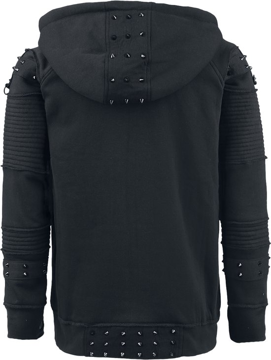 Zwarte hoodie met stekels op de capuchon, schouders en onderaan.